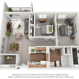 A 3D floor plan of a two-bedroom apartment, featuring a living room, kitchen, and bathroom.