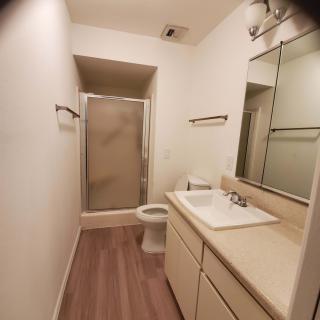A small, modern bathroom featuring a shower, sink with a mirror, and a toilet.