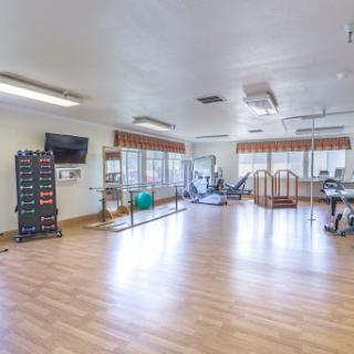 A spacious gym area equipped with various exercise machines and bright natural lighting.