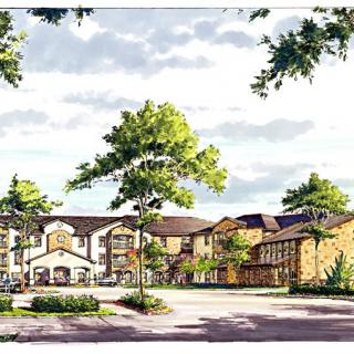 An architectural illustration of a residential building surrounded by trees.