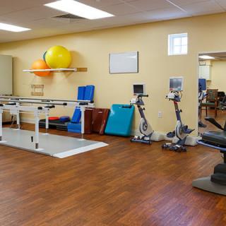 A physical therapy room equipped with various exercise equipment, including therapy balls and stationary bikes.