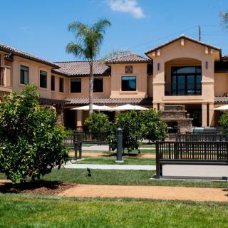 A luxurious mansion with a well-maintained garden and palm trees.
