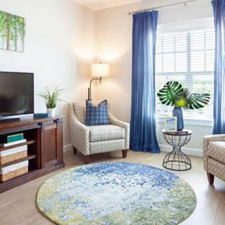 A cozy living room featuring modern decor with blue curtains and a round rug, accented by armchairs and a television.