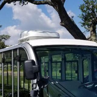 A parked bus under a tree on a clear day.