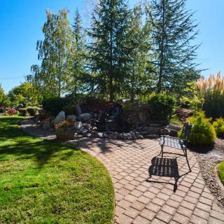 A serene garden with a stone pathway and a bench under tall trees on a sunny day.