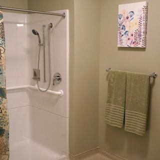 A bathroom featuring a modern shower setup, green towels, and colorful wall art.