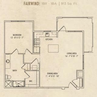 Floor plan of a one-bedroom apartment labeled 'Fairwind' with dimensions and designated areas for the living room, dining area, kitchen, and bathroom.