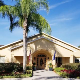 A sunny view of a building entrance with palm trees and well-maintained landscaping.
