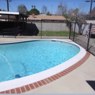 A residential outdoor swimming pool surrounded by a fence in a sunny backyard.