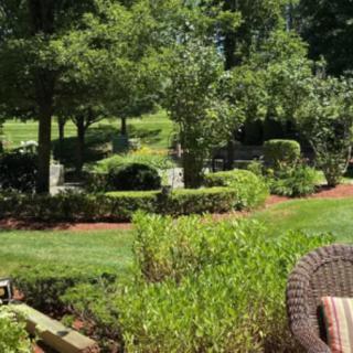 A beautifully landscaped garden with lush greenery and manicured lawns.