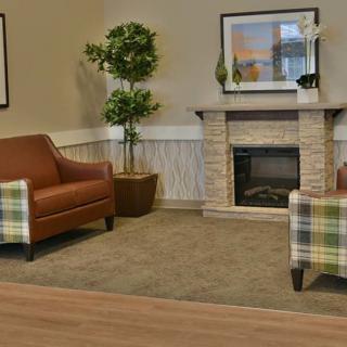 A cozy living room with armchairs, a fireplace, and decorative plants.