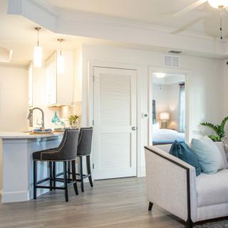 A modern and cozy living space with an open kitchen layout, featuring stylish furnishings and minimalist decor.