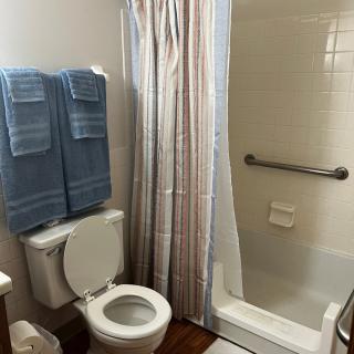 A clean bathroom with a shower, toilet, and neatly hung blue towels.