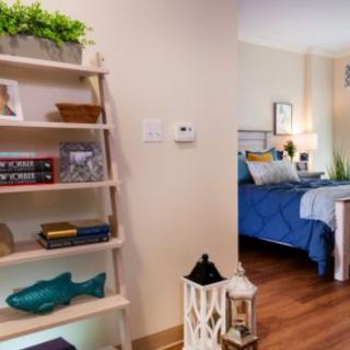 A cozy bedroom featuring a bookshelf with decorative items and plants, wooden flooring, and a neatly made bed.