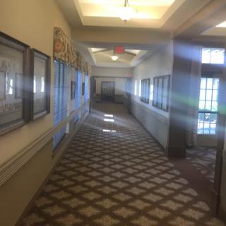 A well-lit hallway featuring decorative walls and a patterned carpet, lined with framed pictures.