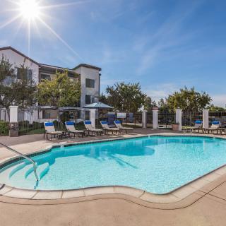 A sunny day at a residential apartment complex with an inviting outdoor swimming pool surrounded by lounge chairs and landscaped greenery.