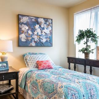 A cozy bedroom with a single bed adorned with colorful bedding, a nightstand with a lamp, floral artwork on the wall, and a potted plant by the window.