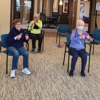 Seniors participating in a seated exercise class indoors.
