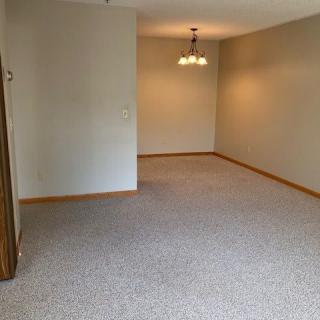 An empty living room with carpeted flooring and a ceiling light fixture.