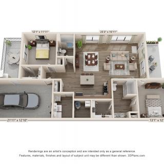 A detailed 3D floor plan showing the layout of a modern house with two bedrooms, a bathroom, living area, kitchen, and garage.