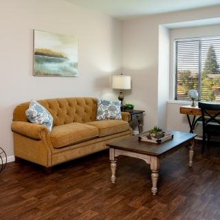 A cozy living room with a mustard-colored couch, coffee table, and decorative elements near a large window.