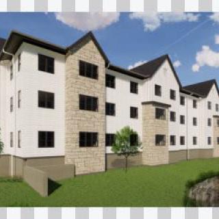 A modern residential apartment building with a landscaped exterior.