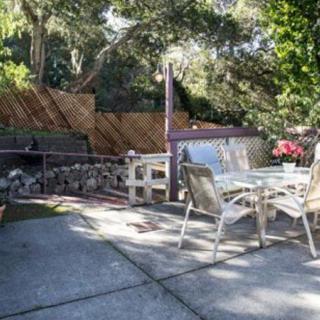 A cozy backyard patio area featuring a glass table surrounded by chairs, set against a backdrop of lush greenery and fencing.