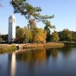 A scenic view featuring a tall tower by a lake, surrounded by autumn-colored trees.