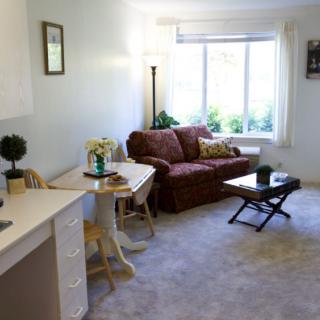 A cozy living room with a sofa and a small dining area.