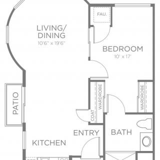 One-bedroom apartment floor plan with living/dining area, kitchen, bathroom, and patio.
