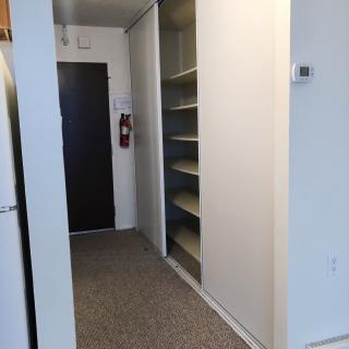A hallway with built-in shelves leading to an entrance door in an apartment.