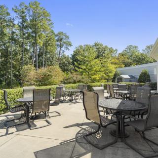 A spacious outdoor patio area with multiple tables and chairs surrounded by lush greenery and trees under a clear blue sky.