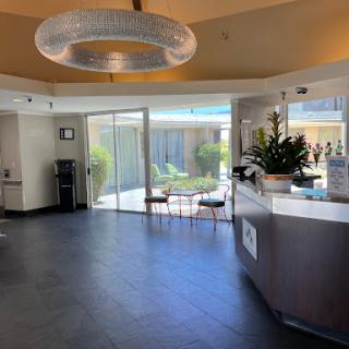 A contemporary reception area with a stylish chandelier and seating, featuring large glass windows that open to a garden view.
