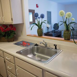 A tidy kitchen with a sink, decorated with vases of colorful flowers on the counter.
