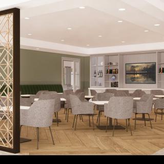 A modern restaurant interior with elegant furnishings and ambient lighting.