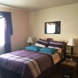 A cozy bedroom with a neatly made bed, two nightstands, and lamps.