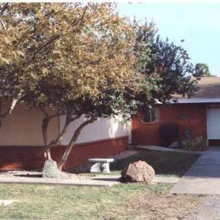A suburban house with a tree in the front yard and a driveway leading to a garage.
