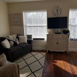 A cozy living room with a sofa, television, and decorative elements.