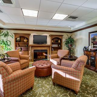 A cozy seating area with armchairs and a fireplace, complemented by bookshelves and a TV.