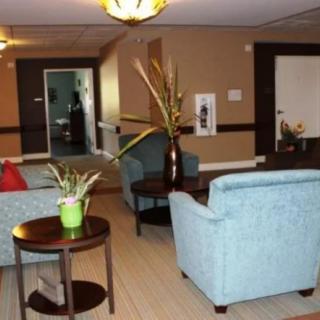 A cozy lounge area with comfortable seating and decorative plants.