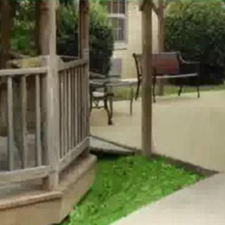 A peaceful garden with a wooden gazebo and benches.