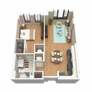 3D floor plan of a one-bedroom apartment featuring a living room, kitchen, and bathroom.