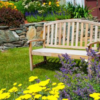 A serene garden with a wooden bench surrounded by vibrant flowers.