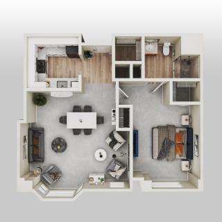 A 3D floor plan of a one-bedroom apartment featuring a living room, a kitchen area, and a bathroom.