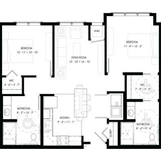 A detailed floor plan of an apartment with multiple rooms and amenities.