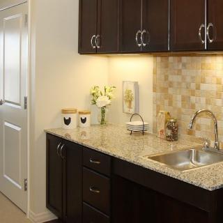 A modern kitchen features dark cabinets, a granite countertop with a sink, and elegant decor including a flower vase and small appliances.