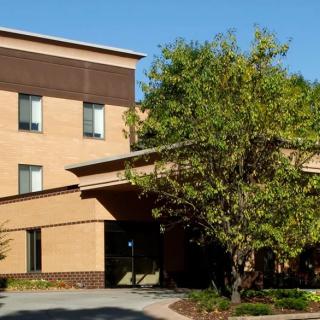 A building with a tree near its entrance under a clear blue sky.