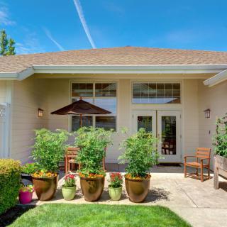 A sunny patio with potted plants and outdoor furniture in the backyard.