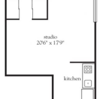 Floor plan of a studio apartment with kitchen and living area.