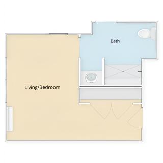 Studio apartment floor plan with a living/bedroom area and a bathroom.